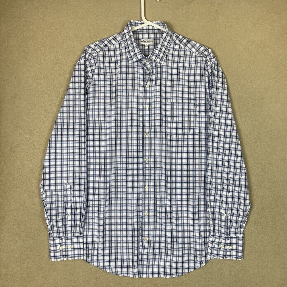 Peter‎ Millar Shirt Mens Large Blue White Plaid Summer Comfort Long Sleeve Adult